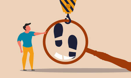 Detective footprint and investment to investigator. People search and looking path foot vector illustration concept. Man with magnifying glass and discovery expertise. Searching idea and researchのイラスト素材
