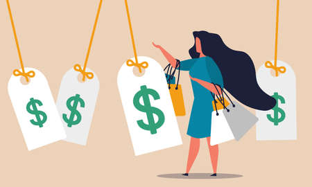 Shopaholic woman and shopping promotion. Offer to purchase gift and special advertising fashion sale vector illustration concept. Customer female and stylish market online. Merchandise price discountのイラスト素材