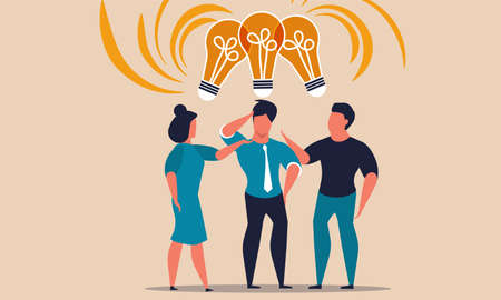 Business idea share and people team knowledge innovation. Collaboration and lightbulb solution vector illustration concept. Teamwork strategy with brainstorm bright or group lamp light vision togetherのイラスト素材
