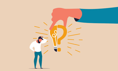 Decision answer and ask to question business problem. Learning concept with solving opinion idea vector illustration. Businessman make wrong choice and success future dilemma. Man with lightbulb markのイラスト素材
