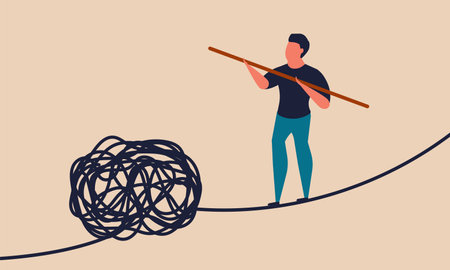 Crisis challenge management and stability balance risky. Succeed businessman survive with motivation vector illustration concept. Business achievement on danger cliff and finance wire risk futureのイラスト素材