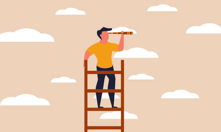 Future high ladder with forward man on sky. Work staircase growth and journey achievement vector illustration concept. Dream career aim and employee visionary. People or person looking way progressのイラスト素材