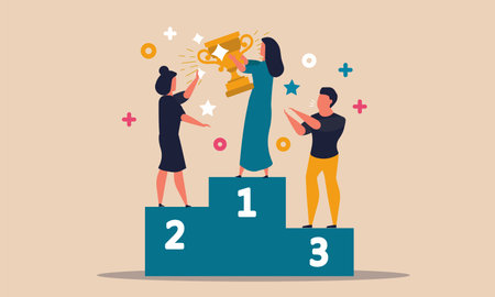 Business competition and motivation success. First woman work winner and award direction career vector illustration concept. Character competitive and teamwork triumph. Leader goal to financeのイラスト素材