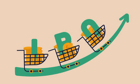 IPO public business offer and fund buy venture. Private coin price and share arrow capital vector illustration concept. Finance investment and debut brokerages. Start term initial money increaseのイラスト素材