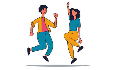 Woman and man happy jump and fun celebration. Happiness group friend jumping and freedom vector illustration concept. Friendship character active expression and emotion. Student lifestyle and victoryのイラスト素材