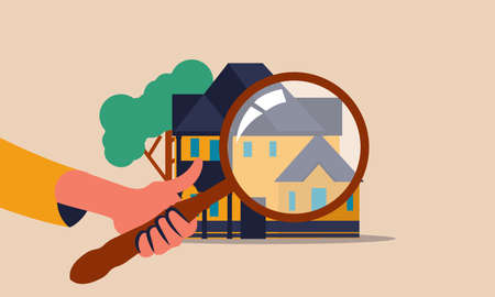 Inspect accommodation and house inspector with valuation. Home property and acquisition mortgage vector illustration concept. Magnifying glass with maintenance rental search. Services real estateのイラスト素材