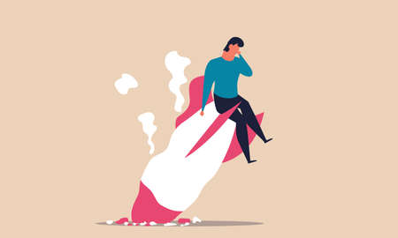 Fail entrepreneur and startup failure. Risk bankrupt and accident with business space rocket vector illustration concept. Company idea background and project start. Man launch spaceship and bankruptcyのイラスト素材