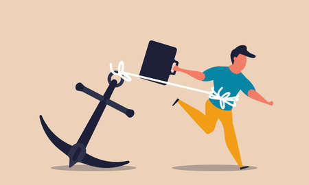 Burden anchor and held career prison. Freedom problem and oppression person vector illustration concept. Enslaved man and suppress business invest. Tether anchored and burdened distress. Debt weightのイラスト素材