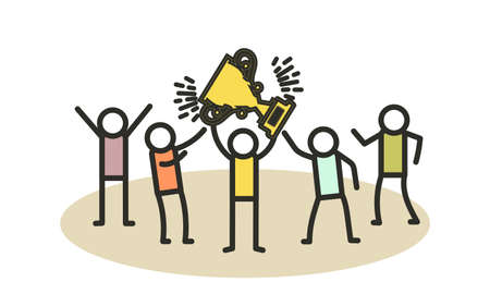 Business people winner prize customer vector illustration employee. Man and woman celebration first quality rank. Office people reward cup trophy up success. Award leader victory goal challengeのイラスト素材