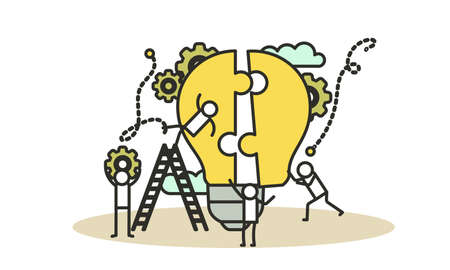 Business teamwork building lightbulb puzzle vector work illustration concept. Person businessman cooperation together jigsaw piece. Man and woman group unity fit part shape. Job support partner designのイラスト素材