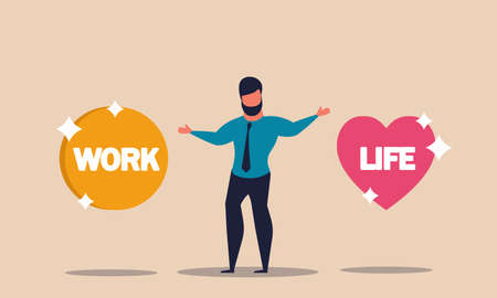 Balance work and life to young people. Difficult choose and decision dilemma to employment vector illustration concept. Human equality and professional imbalance. Lifestyle harmony management and timeのイラスト素材