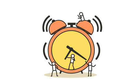 Morning time for business people work icon. Man and woman concept vector illustration flat office banner. Schedule planner date clock event. Deadline team alert bell problem network stressのイラスト素材
