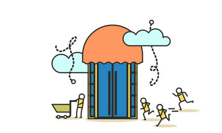 Shop store offer supermarket building vector illustration. Man and woman run to retail market banner. Discount special sale business promotion online. Poster big commercial deal concept serviceのイラスト素材