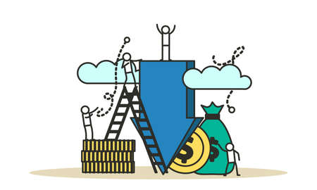 Down arrow decrease vector interest discount rate percent low. Man and woman with coins and money illustration concept graph chart crisis economic. Bad stock investment recession price. Fail budgetのイラスト素材