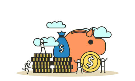 Financial money bank piggy vector people illustration vector with gold coins and money bag. Business flat institution investing account building deposit. Banking cash concept background wealthのイラスト素材