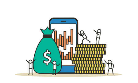 Payment transaction cash vector banking illustration phone. People pay on computer cashless online money.  Mobile finance digital technology service transfer. Smartphone purchase app bannerのイラスト素材