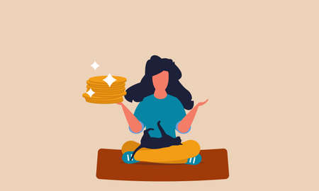 Young financial woman with income money and relax. Worker yoga monetization and meditation investing vector illustration concept. Businesswoman freelancer saving and growth finance investment to cashのイラスト素材