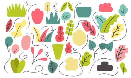 Summer leaf set and flower design nature. Floral spring decoration plant element art vector illustration. Collection abstract botanical drawing shape. Retro foliage ornament and tropical flora branchのイラスト素材