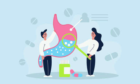 Gastroenterology stomach and endoscope anatomy doctor. Medical gastroscopy system pain vector illustration. Ambulance for infection inflammation to internal organ. Healthcare gastric or gut tractのイラスト素材