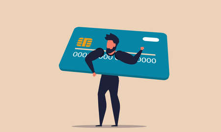 Credit card debt desperate and bankrupt man. Overspend shopaholic and paying debit vector illustration concept. Commercial risk business and debtor pay. Consumer trouble and poverty bankingのイラスト素材