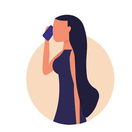 Woman with phone vector illustration technology icon. Business mobile and communication character female. Businesswoman call on device and talking network. Work cellphone and happy conversation humanのイラスト素材