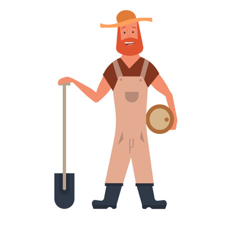 Farmer person agriculture vector illustration. Farming work character harvest and gardener symbol icon. Worker job agricultural harvesting rake. Countryside human and happy ranch career professionのイラスト素材