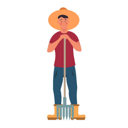 Farmer person agriculture vector illustration. Farming work character harvest and gardener symbol icon. Worker job agricultural harvesting rake. Countryside human and happy ranch career professionのイラスト素材