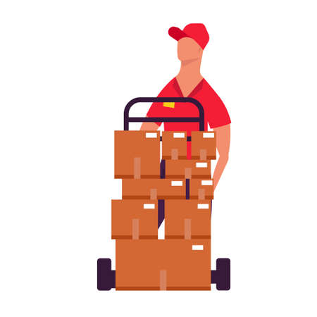 Courier service shipping delivery package. Transportation business and logistic express order. Man shipment and cargo delivering online. Container deliver and distribution mail post. Postal commercialのイラスト素材