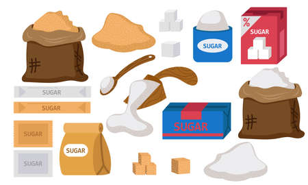 Sugar food pack brown and white. Granulated cube block cartoon and icon piece isolated sucrose vector illustration. Sweet stick set and cooking element drawing. Farm packaging sack and powder sandのイラスト素材