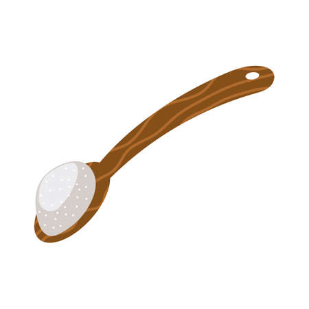Wooden spoon with white sugar vector illustration food icon isolated. Kitchen cook powder ingredient and utensil baking. Pour salt and natural sweetener crystal. Teaspoon add pure grain aroma caneのイラスト素材