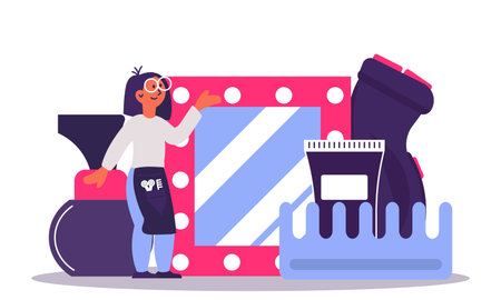 Hairdresser woman and salon hair cut. Flat hairstylist barber care work and haircut work vector illustration. People stylist master with comb or mirror accessory. Professional service glamour coiffureのイラスト素材