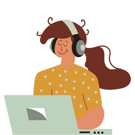 Girl listening to music on laptop and person cartoon woman illustration with headphone. Young female character with computer and earphone listen or lifestyle education student. Teenager using gadgetのイラスト素材