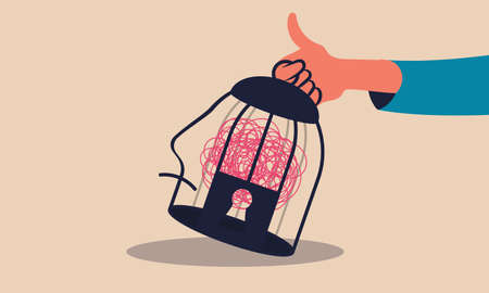 Brain cage mental stress and human depression and head nervous imagination vector illustration. Constrain frustration and healthcare therapy psychotherapy. Freedom trapped and birdcage businessのイラスト素材