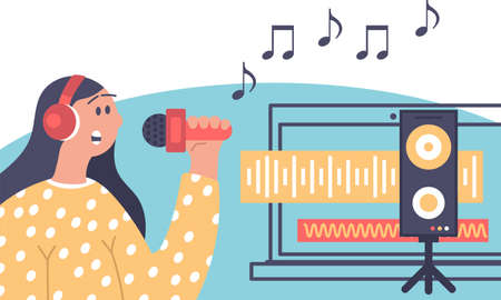 Woman engineer music and sound on workstation. Character composer mixing vocals and audio song vector illustration. Producer with headphone and equalizer media. Vocalist musician and recording stereoのイラスト素材