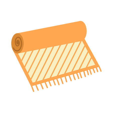 Carpet or cozy mat cartoon floor decoration interior. Round rug or roll cloth rag fabric vector illustration. Indoor room decorative fabric element. Flooring ornament isolated icon and doormatのイラスト素材