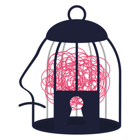 Brain cage mental stress and human depression and head nervous imagination vector illustration. Constrain frustration and healthcare therapy psychotherapy. Freedom trapped and birdcage businessのイラスト素材