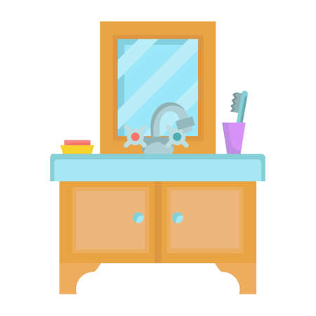 Sink in the bathroom vector interior illustration faucet. Room design home and washbasin with water. Bathtub basin and clean toilet. House furniture hygiene and mirror equipment icon. Indoor washstandのイラスト素材