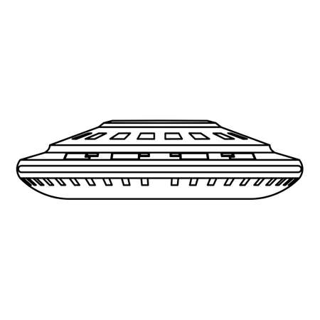 UFO vector icon illustration alien spaceship outline. Space flying science technology symbol and futuristic vehicle isolated white background line thinのイラスト素材