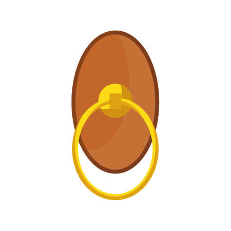 Door handle and doorknob latch with window. Brass round knob and room lock isolated office icon vector illustration. Vintage gold house security furniture and entrance keyhole cartoonのイラスト素材