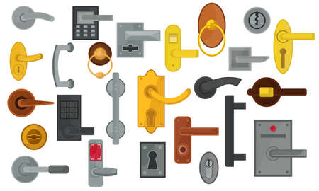 Door handle and doorknob latch with window. Brass round knob and room lock isolated office icon vector illustration. Vintage gold house security furniture set and entrance keyhole cartoon collectionのイラスト素材