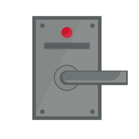 Door handle and doorknob latch with window. Brass round knob and room lock isolated office icon vector illustration. Vintage gold house security furniture and entrance keyhole cartoonのイラスト素材