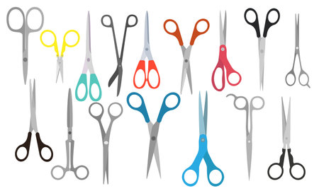 Scissors cartoon metal accessories and barber haircut pair isolated icon set. Steel tool instrument vector illustration barber or sewing. Office equipment collection object and handle shear bladeのイラスト素材