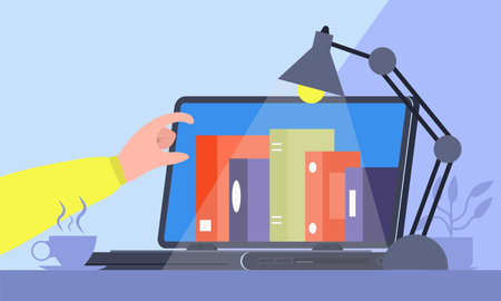 Electronic library on a laptop online. Education and learning from books at home. Internet literature and learn through the screen. Web knowledge and science reading for students vector illustration.のイラスト素材