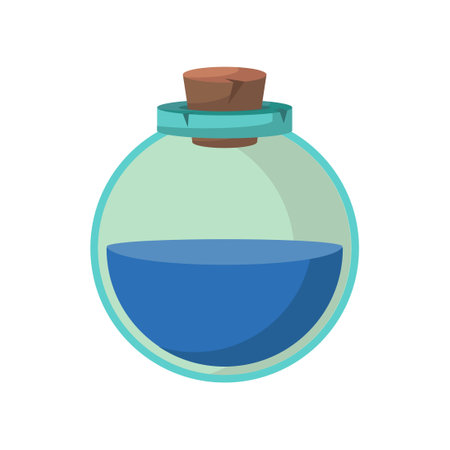 Game icon of bottle with poison or elixir. Cartoon container for health or energy. Magical liquid in glass bottle with cork. Vector illustration of magic item or wizard toxic object.のイラスト素材