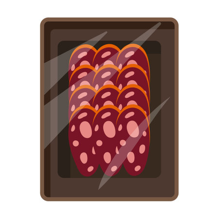 Ð¡artoon meat tray. Frozen food in transparent plastic packaging. Fresh meat deli container icon for supermarket. Food box isolated on white background vector illustrationのイラスト素材