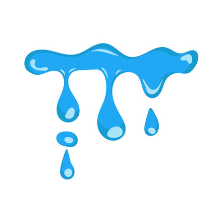 Cartoon blue dripping water drop and liquid icon. Shape water is splashing, flowing and water droplet. Clean and fresh aqua and wet bubble. Flowing dew vector illustrationのイラスト素材