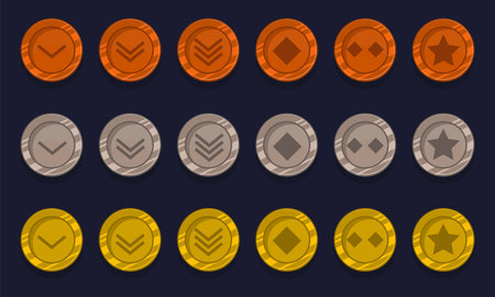 Game achievement badge or rank icon cartoon set. Gold, silver and bronze awards or medal reward. Level up coins with star and element for ui asset. Collection trophy symbol vector illustrationのイラスト素材