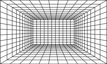 Perspective room with black grid. 3D linear floor and empty interior dimension. Virtual studio wireframe design . Simple cyber space frame and geometric square wire vector illustrationのイラスト素材