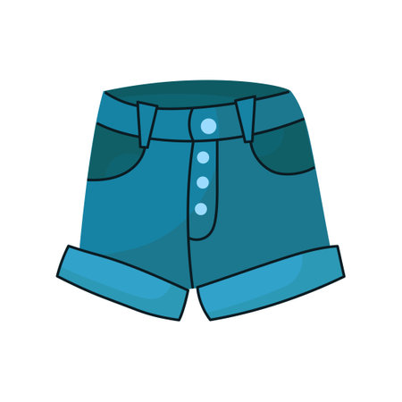 Denim shorts jeans . Fashionable clothes for women. Casual blue textile apparel and attire factory trousers with patches and pocket. Fashion vector illustration conceptのイラスト素材