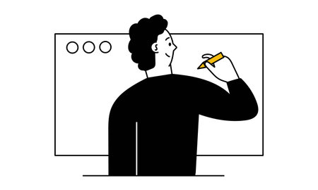 Man write business strategy and businessman work vector illustration concept. Management plan and success job writing. Cartoon character drawing with pencil goal and marketing development researchのイラスト素材